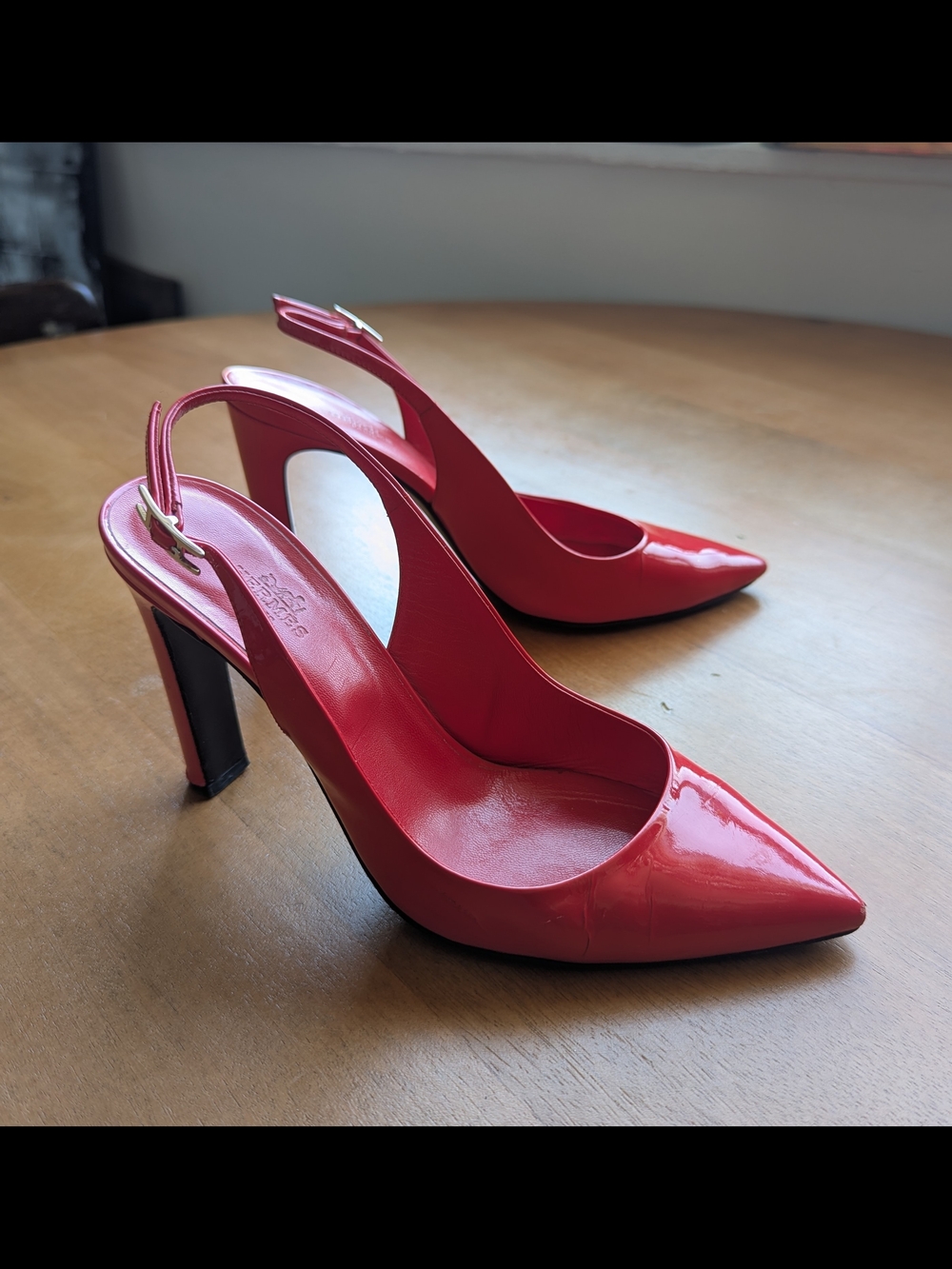 Hermes Red Patent Slingback Pointed-Toe Heels